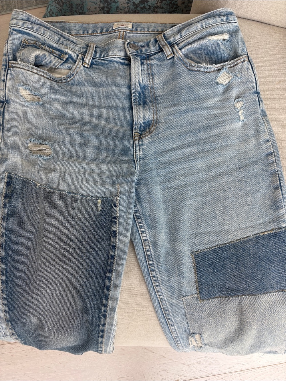 Faherty Light Blue Patchwork Distressed Relaxed Jeans